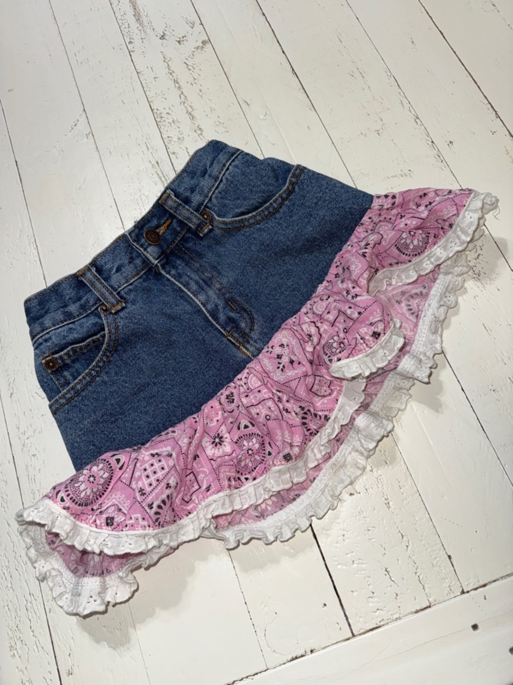 5T VTG Kiddy corral western girls pink skirt with denim pink paisley ruffle